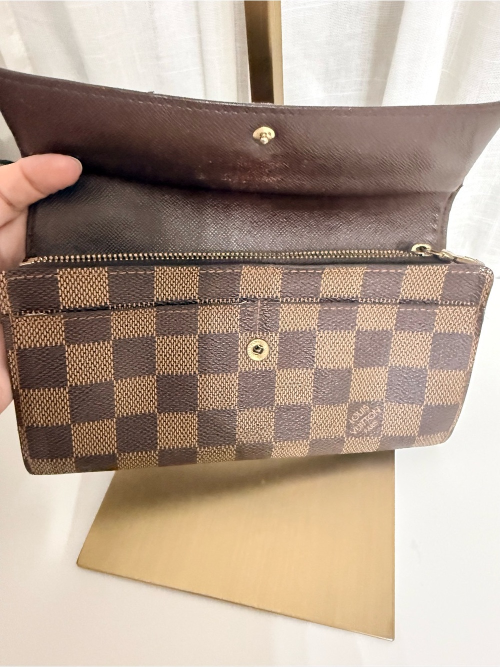 Louis Vuitton Damier Ebene Sarah Long Flap Wallet Fold Over Gold Snap Wallet - Picture 6 of 6